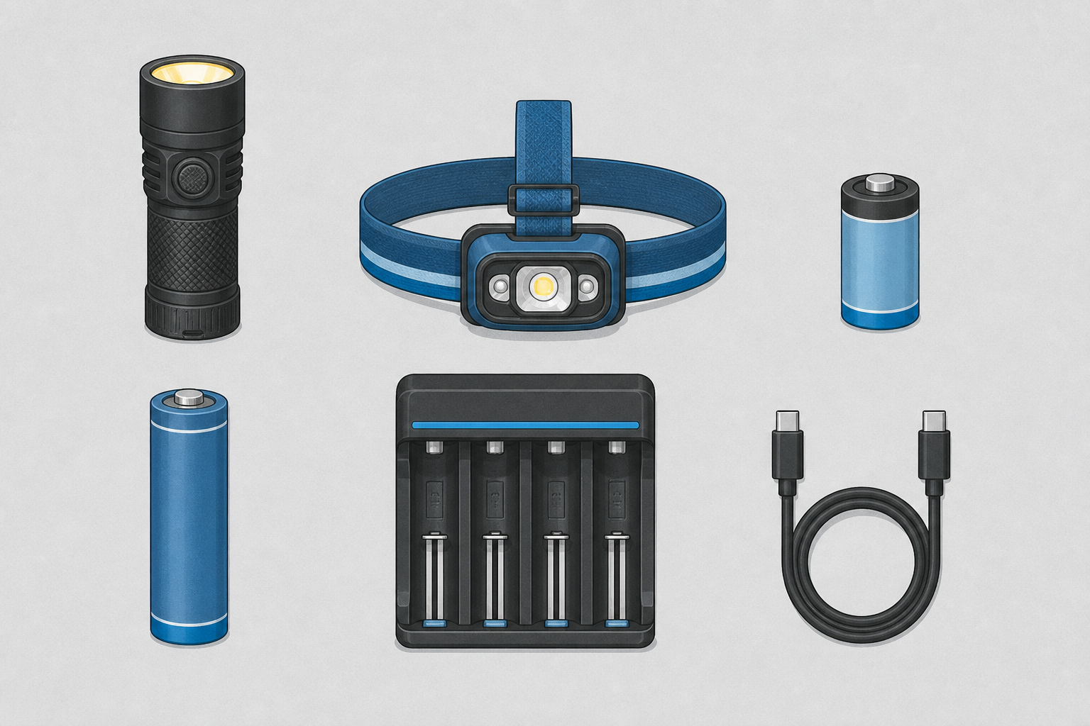 Illustrated flashlight, headlamp, cylindrical batteries, four-slot charger, and USB-C cable