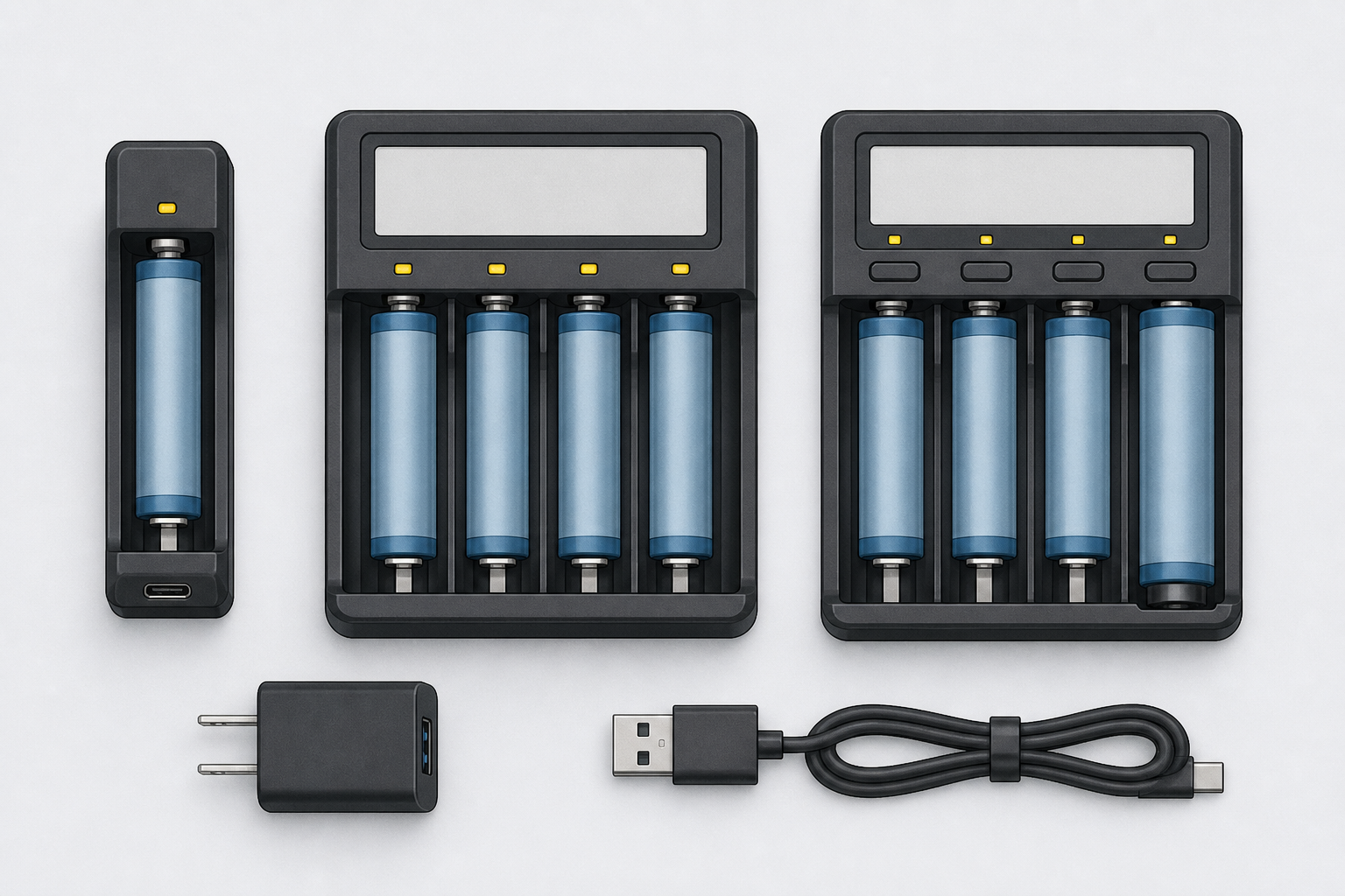 Generic single-slot charger, two four-slot charger styles, cylindrical cells, and a separate USB adapter and cable